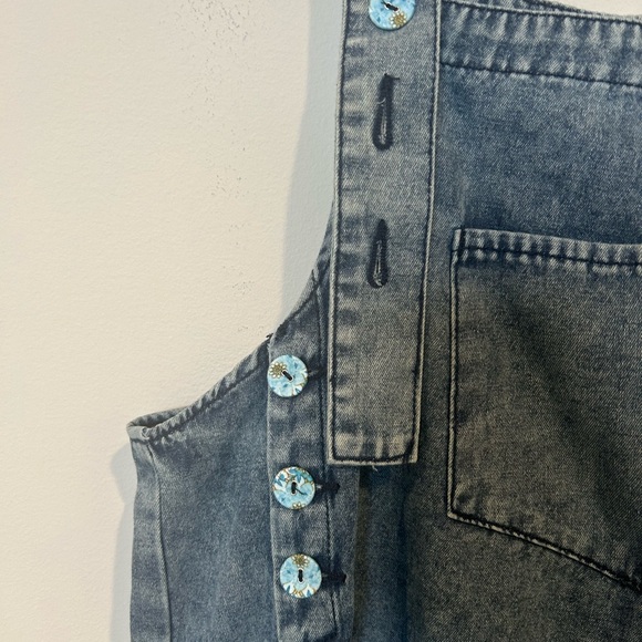 Easel Boho Blue Denim Bib Overalls with Floral Patches - Picture 8 of 12